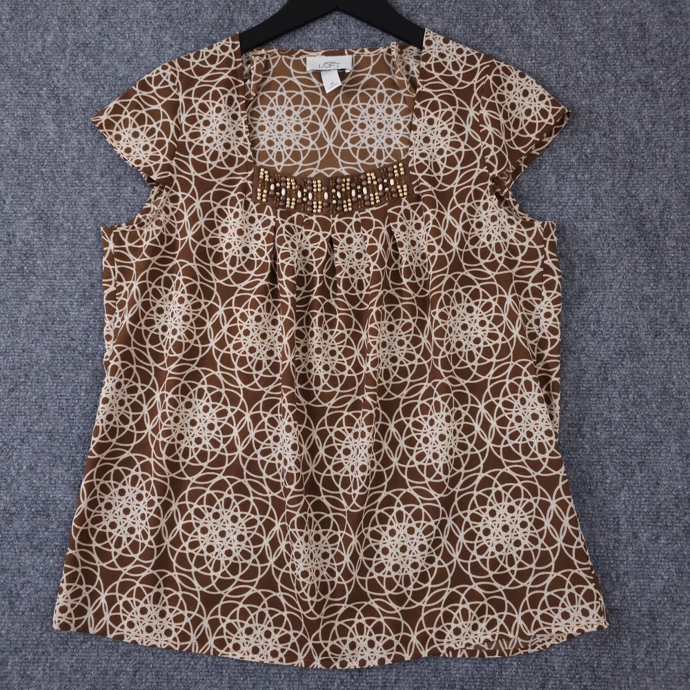 Ann Taylor LOFT Shirt Women Medium Brown Circle Beaded Cap Sleeve Blouse ALTERED